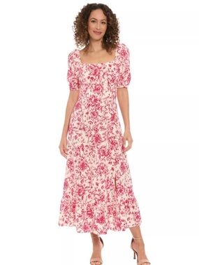 London Times Cream Maxi Dress with Pink Floral Print and Square Neck